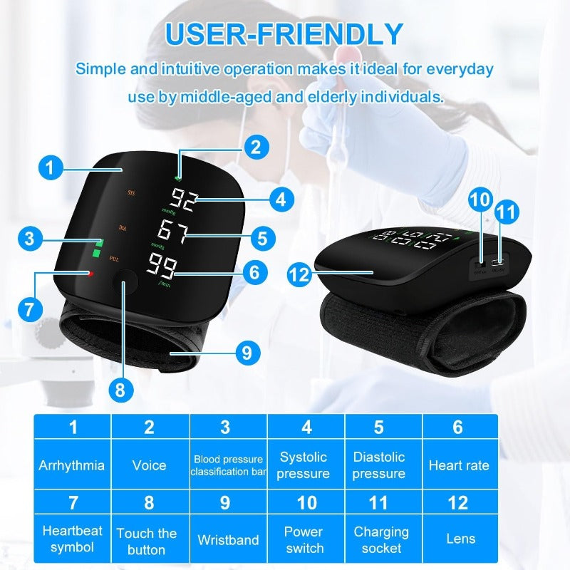 USB-C rechargeable wrist blood pressure monitor