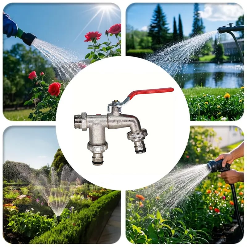 Universal garden tap with double outlet