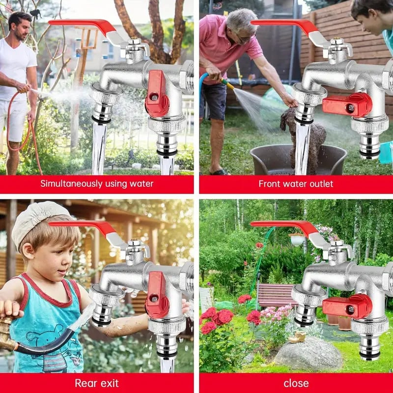 Universal garden tap with double outlet